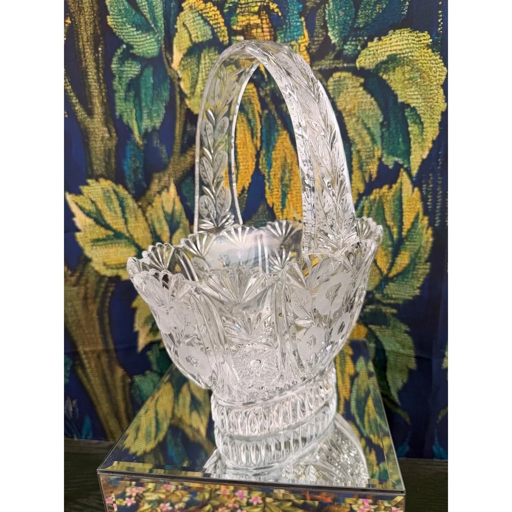 Vintage Cut Crystal Glass Basket Etched Floral Starburst Centerpiece 10.5 inch